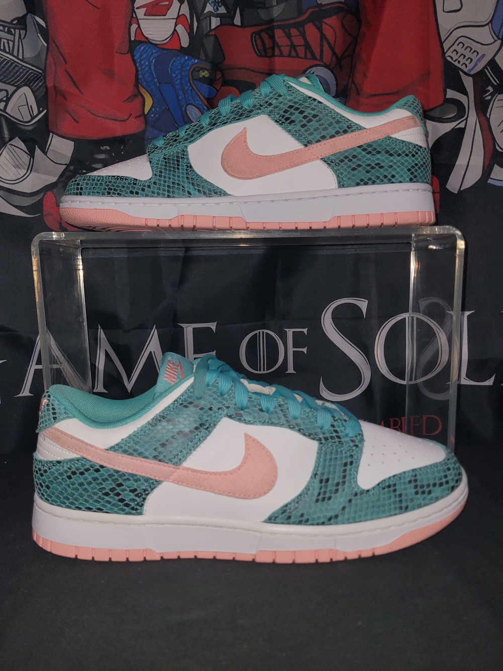 Nike Dunk Low Sneakers in Teal Snake Print with Pink Swoosh
